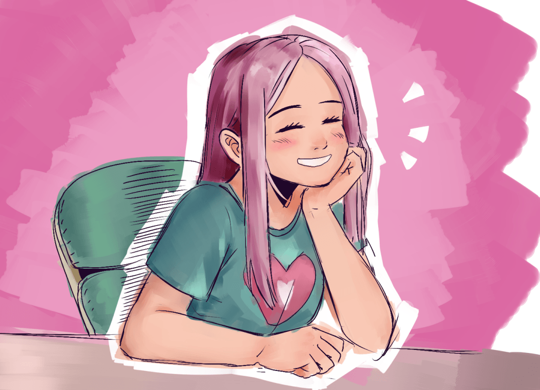 Example of the Colored Sketch finish: a character drawn with loose lines and filled in with flat, unshaded color