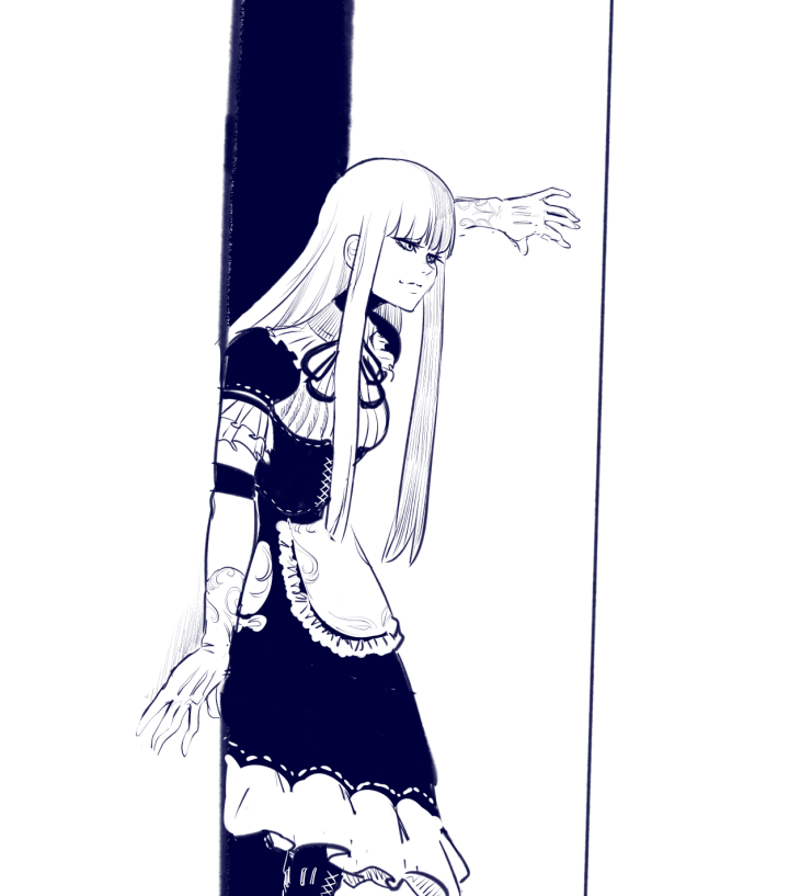Example of the Monochrome Sketch finish: a character drawn with loose, unpolished lines in a single tone, with no color